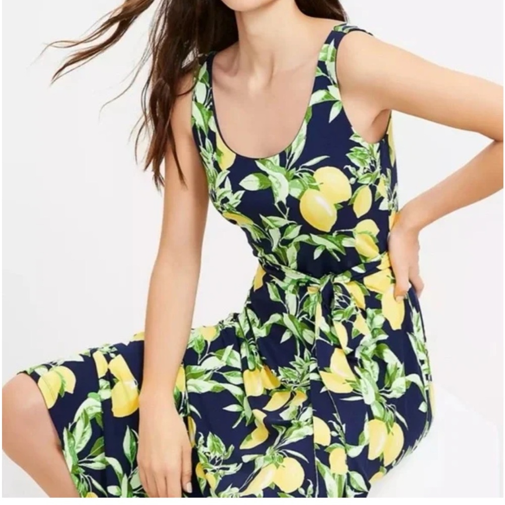 Loft Navy Blue lemons midi dress -M - Picture 2 of 7